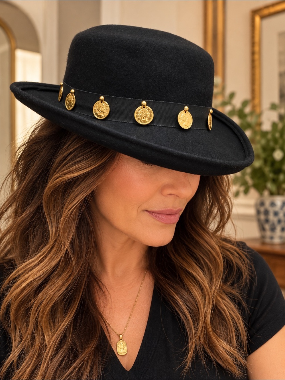 Vintage Importina Bollman Black Wool Felt Gambler Hat Gold Coin Charms